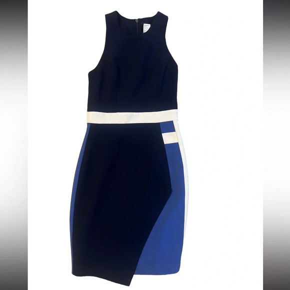 GIN size 0 asymmetrical colorblock bodycon dress navy blue, blue, white like new - Picture 2 of 4